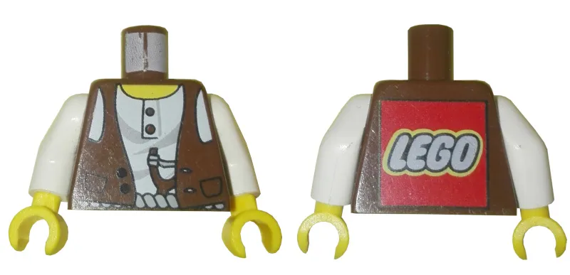 Torso Adventurers Desert Vest over White Shirt, Slingshot Pattern - LEGO Logo on Back / White Arms / Yellow Hands