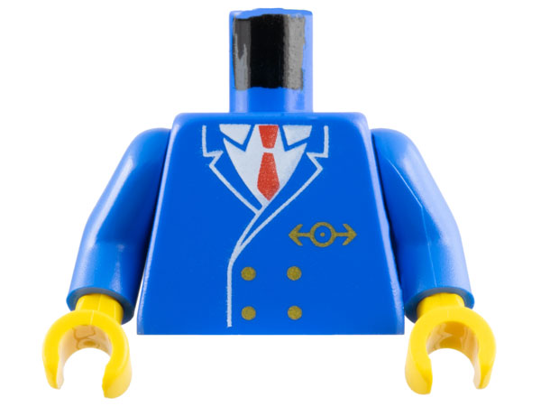 Torso Train Uniform Jacket with Gold Buttons and Logo over White Shirt, Red Tie Pattern / Blue Arms / Yellow Hands
