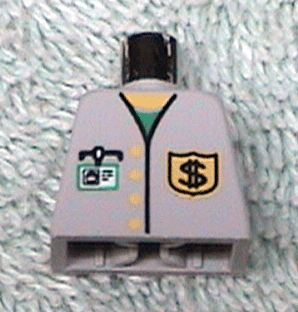 Torso Vest with Buttons and Black Dollar Sign '$' Badge over Green Shirt, White ID Badge, Yellow Neck Pattern
