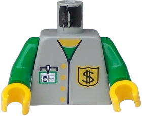 Torso Vest with Buttons and Black Dollar Sign '$' Badge over Green Shirt, White ID Badge, Yellow Neck Pattern / Green Arms / Yellow Hands