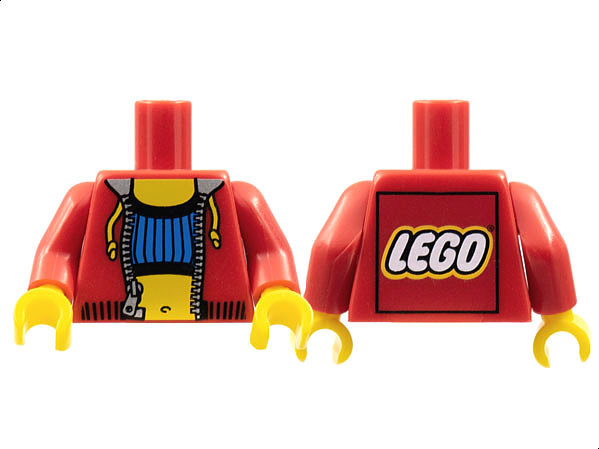 Torso Jacket Open with Pull Strings, Silver Zipper and Collar, and Black Waistband over Blue Crop Top, Yellow Neck and Stomach with Navel, LEGO Logo on Back Pattern / Red Arms / Yellow Hands