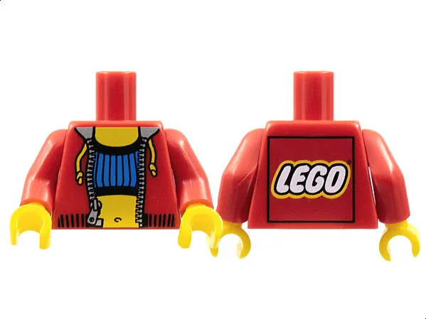 Torso Jacket Open with Pull Strings, Silver Zipper and Collar, and Black Waistband over Blue Crop Top, Yellow Neck and Stomach with Navel, LEGO Logo on Back Pattern / Red Arms / Yellow Hands