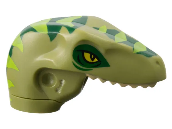 Dinosaur Head Raptor with Pin Hole with Tan Teeth and Dark Green and Lime Stripes Pattern
