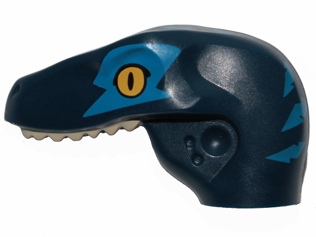 Dinosaur Head Raptor with Pin Hole with Tan Teeth, Yellow Eyes, Blue Stripes and Eye Patch Pattern