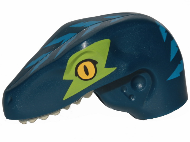Dinosaur Head Raptor with Pin Hole with Tan Teeth, Yellow Eyes, Blue Stripes and Lime Eye Patch Pattern