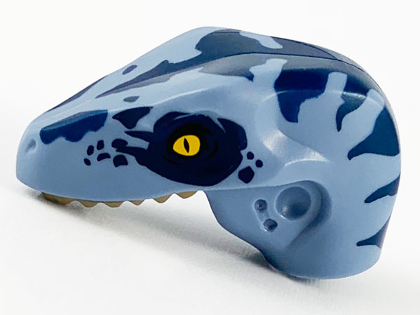 Dinosaur Head Raptor with Pin Hole with Tan Teeth and Dark Blue Stripes and Eye Patch Pattern