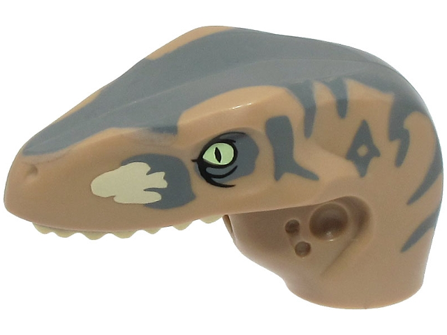 Dinosaur Head Raptor with Pin Hole with Tan Teeth and Dark Bluish Gray Stripes and Markings Pattern