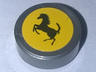 Tile, Round 1 x 1 with Ferrari Logo, Black Horse on Yellow Background Pattern (Sticker) - Set 10248