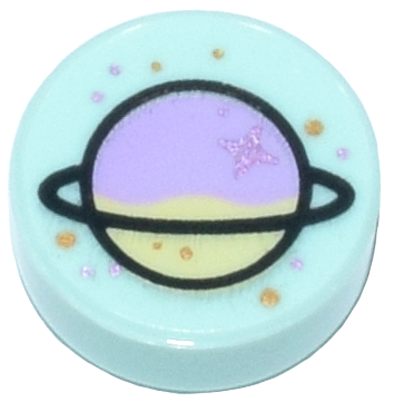 Tile, Round 1 x 1 with Lavender and Yellowish Green Planet with Ring and Gold and Metallic Pink Spots Pattern