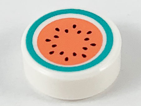 Tile, Round 1 x 1 with Coral Watermelon with Dark Turquoise Circle Rind and Black Seeds Pattern
