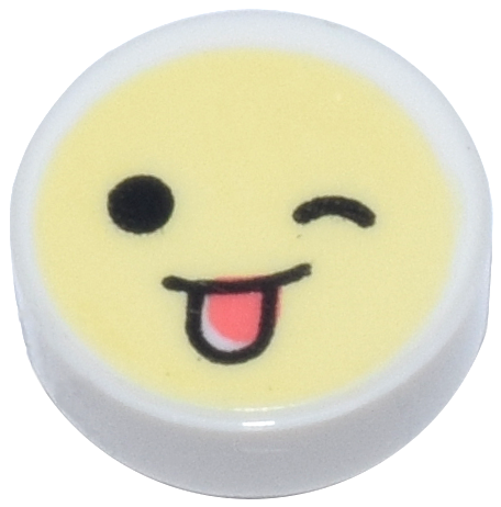 Tile, Round 1 x 1 with Emoji, Bright Light Yellow Face, Black Eyes, Wink, and Coral Tongue Sticking Out Pattern