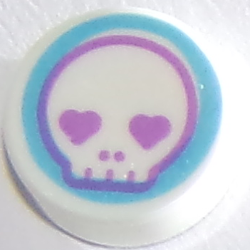 Tile, Round 1 x 1 with Medium Lavender Skull Outline with Heart Eyes on Medium Azure Background Pattern