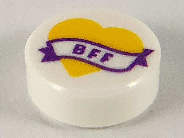 Tile, Round 1 x 1 with Bright Light Orange Heart and Banner with Dark Purple 'BFF' Pattern