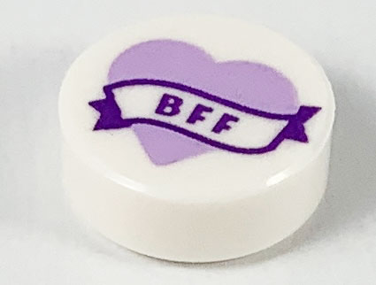 Tile, Round 1 x 1 with Lavender Heart and Banner with Dark Purple 'BFF' Pattern