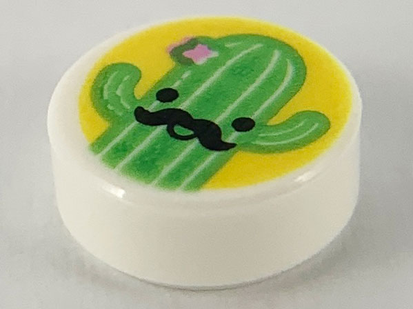 Tile, Round 1 x 1 with Bright Green Cactus with Black Moustache on Yellow Background Pattern