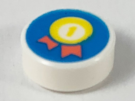 Tile, Round 1 x 1 with Yellow Number 1 in Circle Medal with Coral Ribbons on Dark Azure Background Pattern