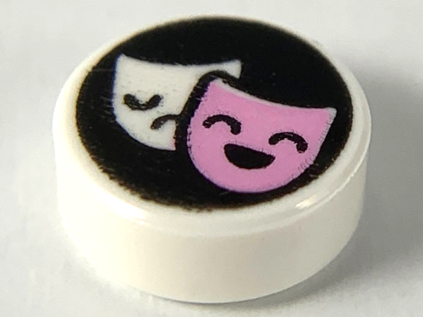 Tile, Round 1 x 1 with White and Bright Pink Tragedy/Comedy Theater Masks on Black Background Pattern