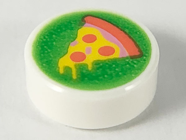 Tile, Round 1 x 1 with Yellow Pizza Slice with Coral Crust and Pepperoni on Bright Green Background Pattern