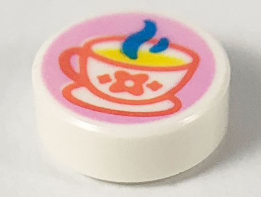 Tile, Round 1 x 1 with Steaming Teacup with Coral Outline and Flower, Yellow Drink, and Dark Azure Steam Pattern