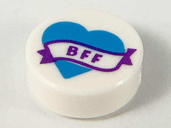 Tile, Round 1 x 1 with Dark Azure Heart and Banner with Dark Purple 'BFF' Pattern