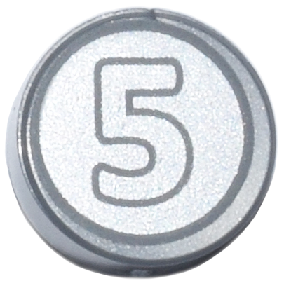 Tile, Round 1 x 1 with Dark Bluish Gray Outlined Number 5 on Silver Background Coin Pattern