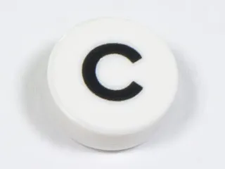 Tile, Round 1 x 1 with Black Capital Letter C Pattern