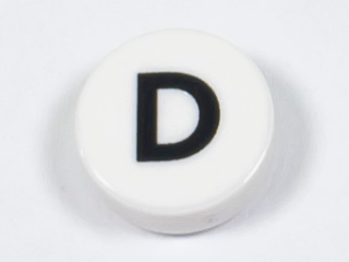 Tile, Round 1 x 1 with Black Capital Letter D Pattern