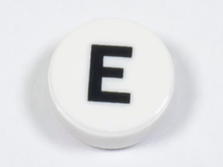 Tile, Round 1 x 1 with Black Capital Letter E Pattern