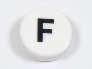 Tile, Round 1 x 1 with Black Capital Letter F Pattern