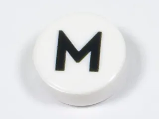 Tile, Round 1 x 1 with Black Capital Letter M / W Pattern