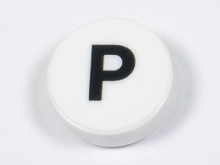 Tile, Round 1 x 1 with Black Capital Letter P Pattern