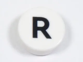 Tile, Round 1 x 1 with Black Capital Letter R Pattern