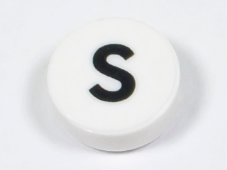 Tile, Round 1 x 1 with Black Capital Letter S Pattern