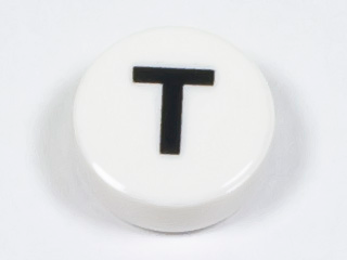 Tile, Round 1 x 1 with Black Capital Letter T Pattern