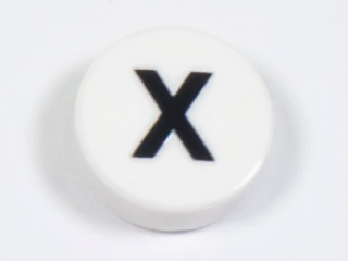 Tile, Round 1 x 1 with Black Capital Letter X Pattern