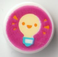 Tile, Round 1 x 1 with Bright Light Yellow Light Bulb with Orange Eyes and Open Mouth Smile on Magenta Background Pattern