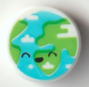 Tile, Round 1 x 1 with Black Closed Eyes and Open Mouth Smile on Bright Green and Medium Azure Planet with Clouds Pattern