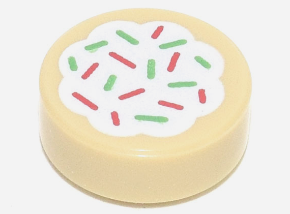 Tile, Round 1 x 1 with Cookie with White Frosting and Red and Green Sprinkles Pattern