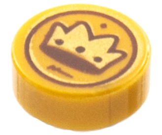 Tile, Round 1 x 1 with Gold and Dark Brown Crown Coin Pattern