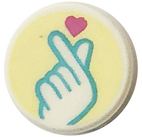 Tile, Round 1 x 1 with Snapping Fingers Hand with Medium Azure Outline and Dark Pink Heart on Bright Light Yellow Background Pattern