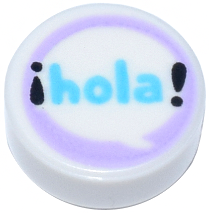 Tile, Round 1 x 1 with Medium Azure 'hola' and Black Exclamation Marks in Speech Bubble on Lavender Background Pattern