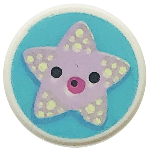 Tile, Round 1 x 1 with Lavender Starfish / Sea Star with Black Eyes and Dark Pink Mouth on Medium Azure Background Pattern