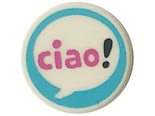 Tile, Round 1 x 1 with Dark Pink 'ciao' and Black Exclamation Mark in Speech Bubble on Medium Azure Background Pattern