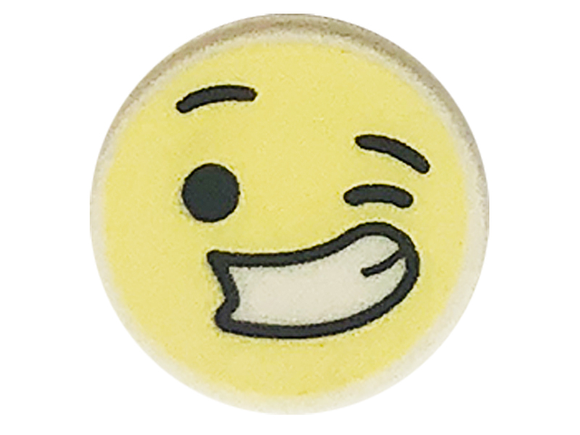 Tile, Round 1 x 1 with Emoji, Bright Light Yellow Winking Face, Large Smile with Teeth, and Black Eyes and Eyebrows Pattern