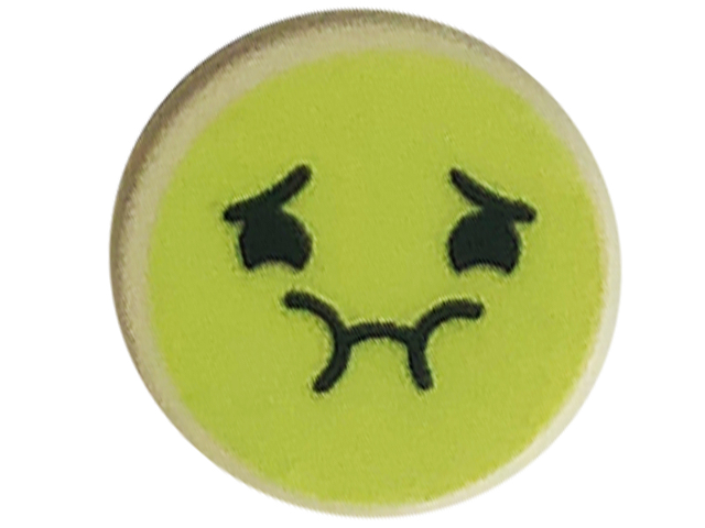 Tile, Round 1 x 1 with Emoji, Yellowish Green Queasy Face, and Black Eyes, Eyebrows, and Mouth Pattern