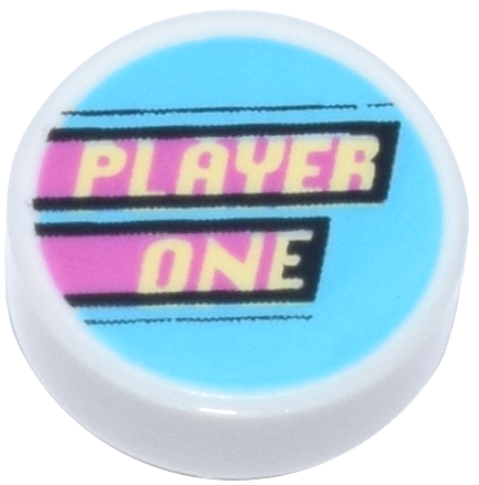 Tile, Round 1 x 1 with Bright Light Yellow 'PLAYER ONE' and Dark Pink Stripes on Medium Azure Background Pattern