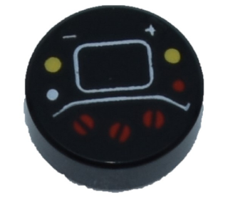 Tile, Round 1 x 1 with Red, White and Yellow Buttons, Plus Sign (+), Minus Sign (-), and Lines Pattern