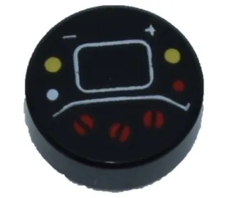 Tile, Round 1 x 1 with Red, White and Yellow Buttons, Plus Sign (+), Minus Sign (-), and Lines Pattern