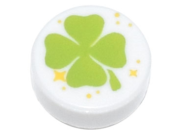 Tile, Round 1 x 1 with Lime Four-Leaf Clover and Yellow Sparkles Pattern