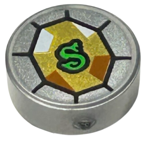 Tile, Round 1 x 1 with Green Letter S Snake on Gold Jewel Pattern (HP Slytherin's Locket)